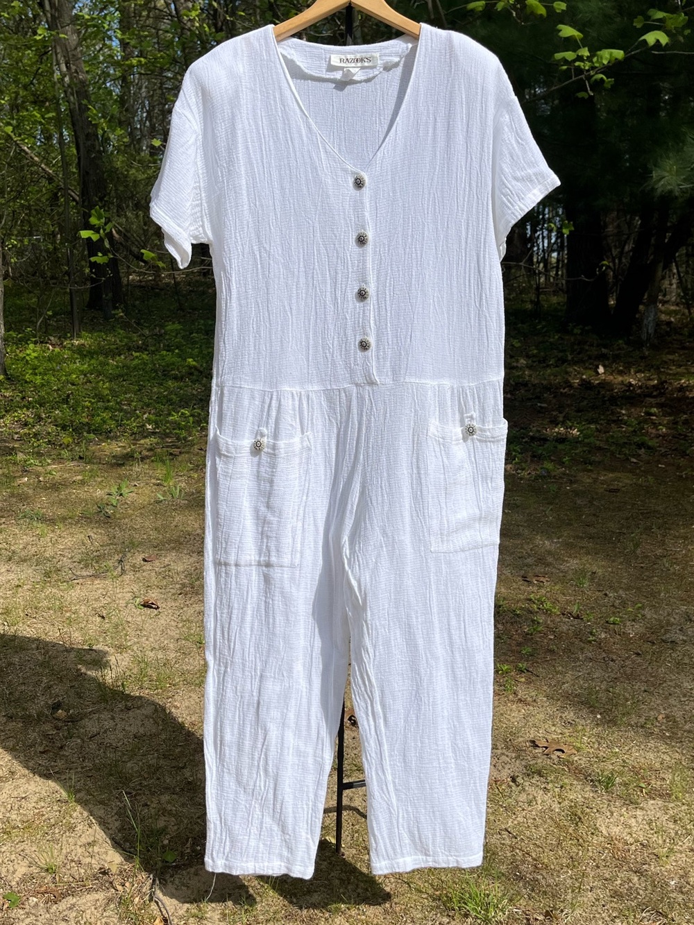 80s Razook’s White Cotton Gauze Jumpsuit Size M Retro Beach Swim Vacation